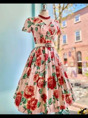 Floral Pink Midi Dress with Red Rose Print - Size 16